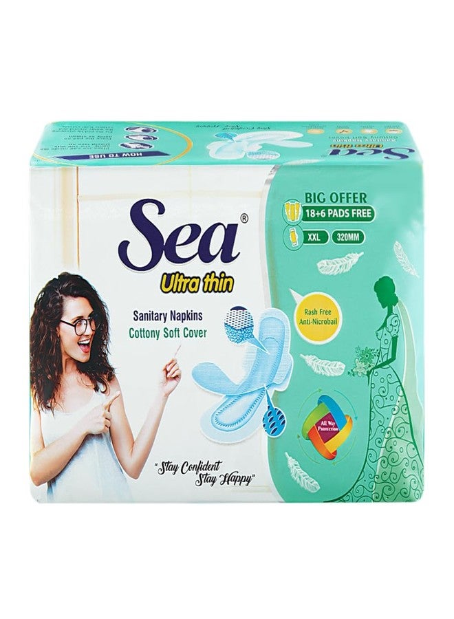 Sea Ultra Thin Cotton Sanitary Pads for Women | Up to 100% Leakage Protection, Locks Odour & Wetness | Ultra Hygiene, Rash Free Cotton Soft | Pack of 24 (24 pcs Ultra Thin XXL) - Image 1
